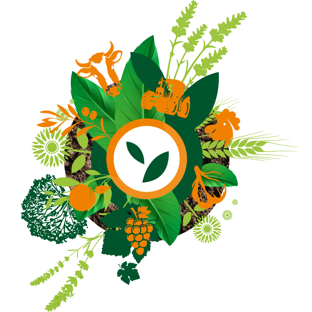 logo du techandbio avec une vache grappe de raisin arbre poule